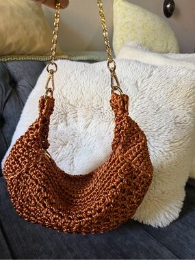 Zara Woven Crocheted Shoulder Bag in Burnt Orange - Women’s Stylish Hobo
